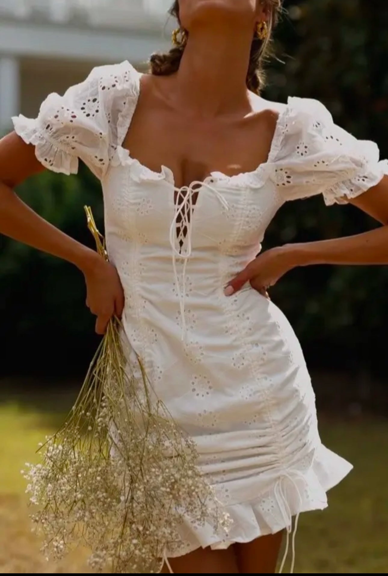 Lace Up Sweetheart Neck Broderie White Dress