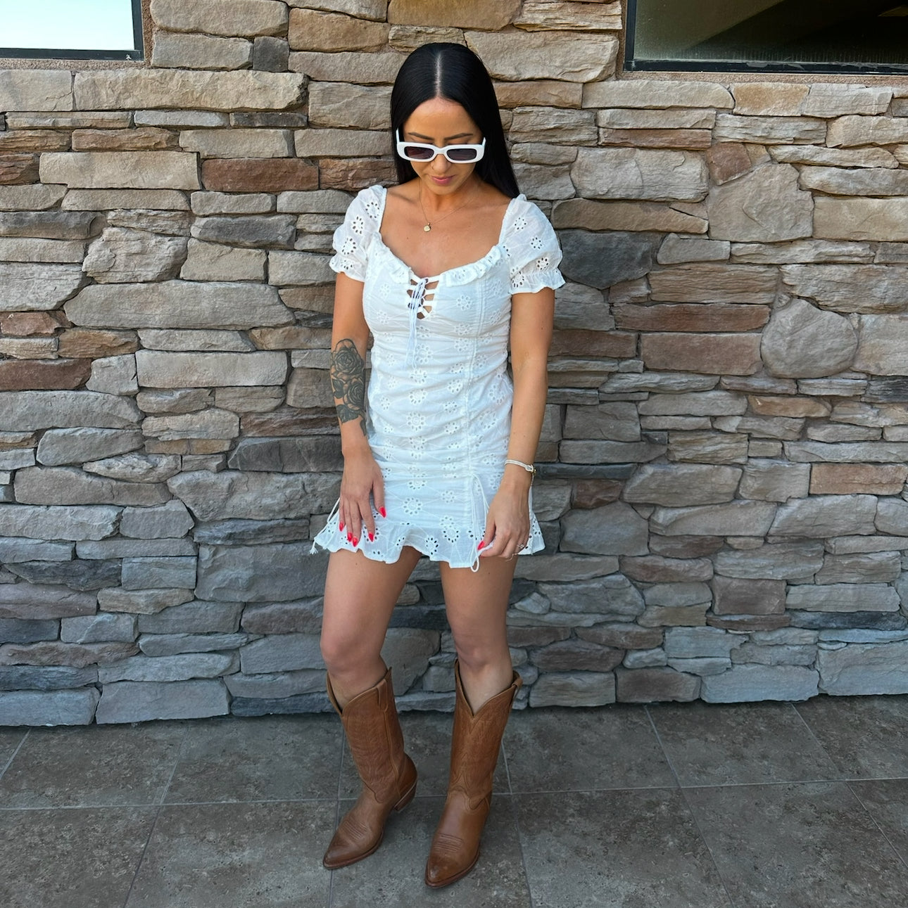 Lace Up Sweetheart Neck Broderie White Dress