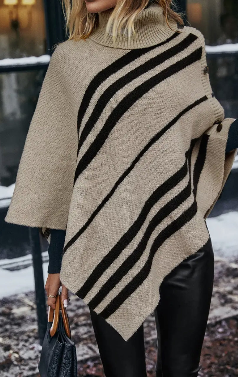 Turtleneck Batwing Sleeve Asymmetrical Knit Poncho