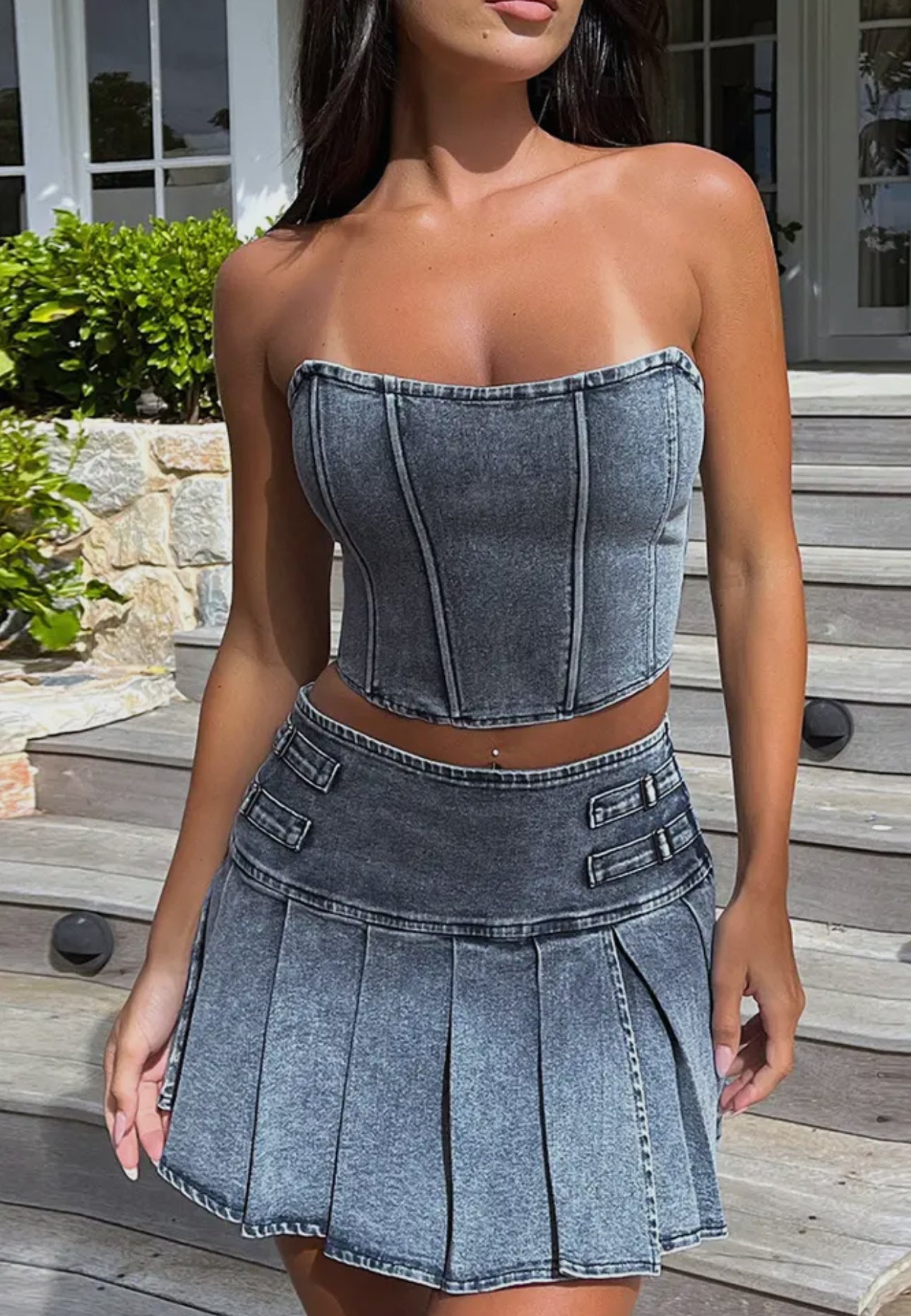 Blue Denim Corset Top And Skirt Set