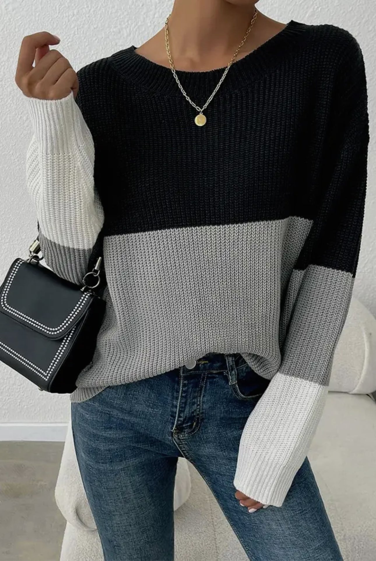 Color Block Knitting Long Sleeve Top