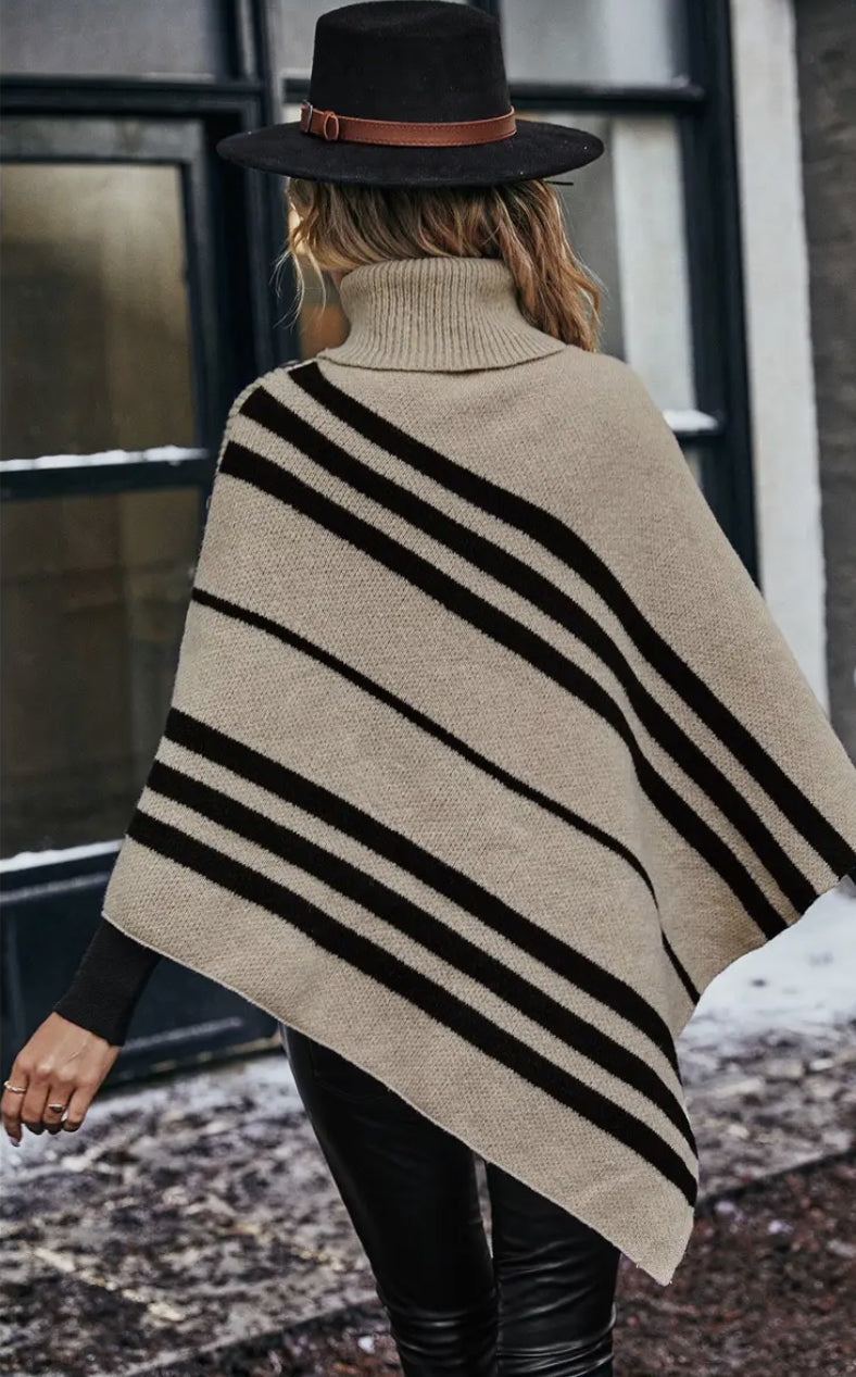 Turtleneck Batwing Sleeve Asymmetrical Knit Poncho