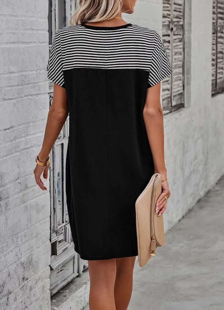 Strip Round Neck Loose Fit Shirt Dress