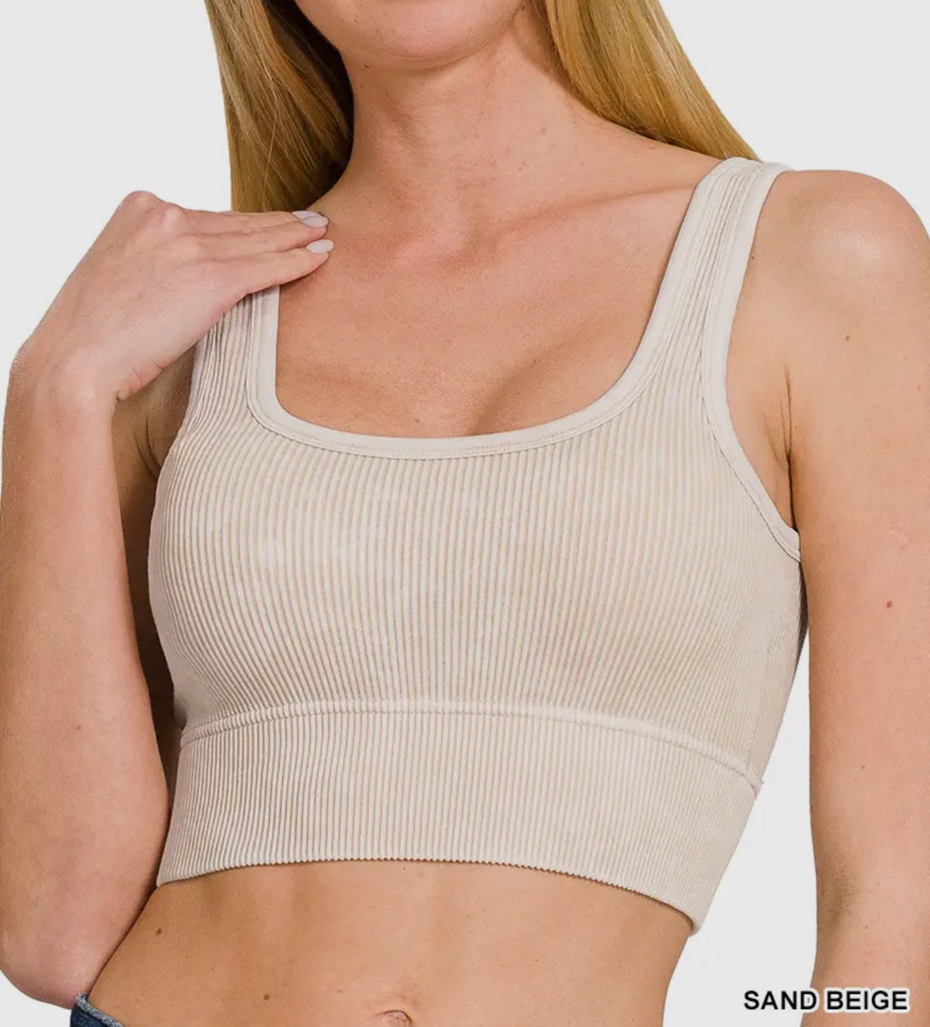 Square neck Washed Seamless Rib Tank Top w/ Bra Pads