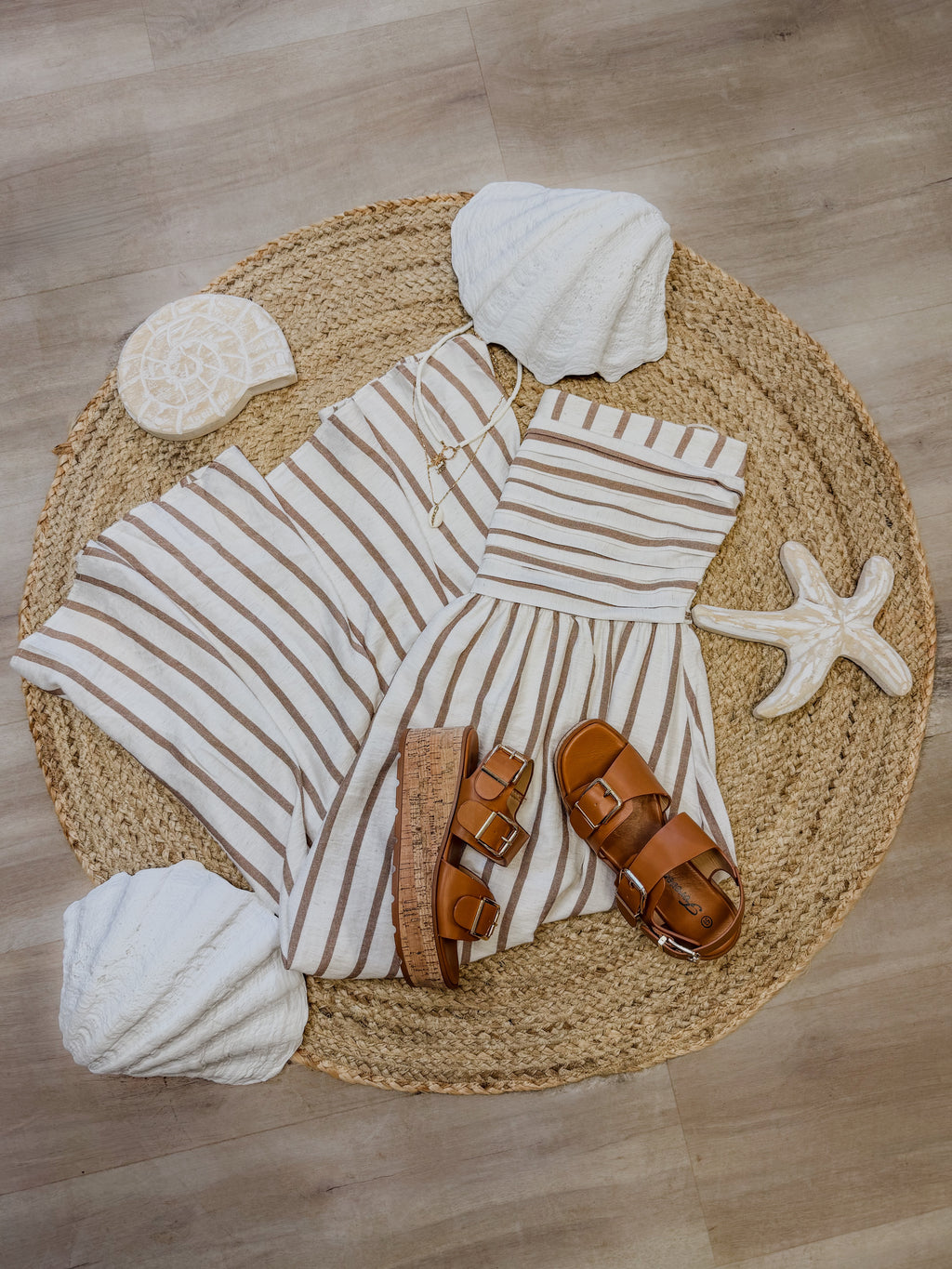 STRIPE PLEATED STRAPLESS LINEN MIDI DRESS