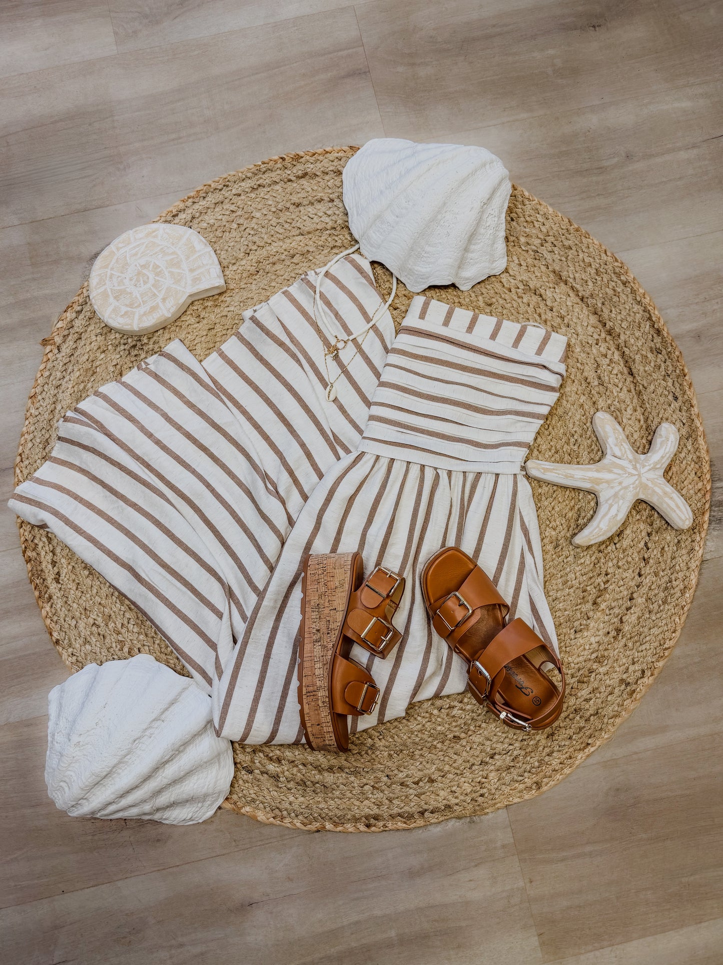 STRIPE PLEATED STRAPLESS LINEN MIDI DRESS