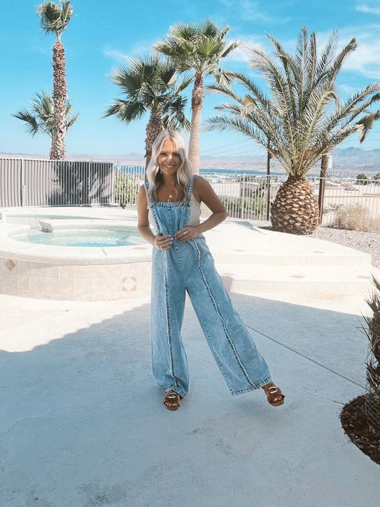 Wash Frayed Exposed Seam Wide Leg Denim Overall