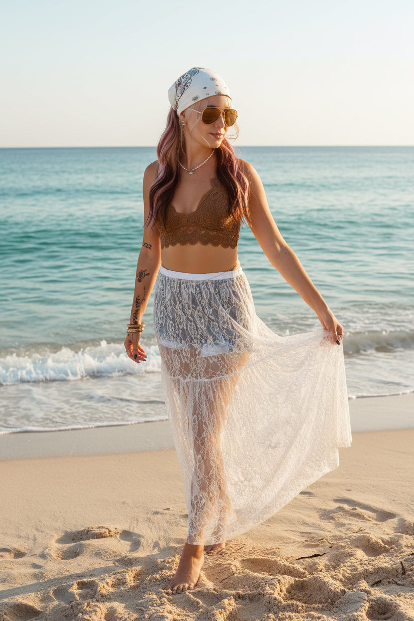 Elegant Lace Floral High-Waisted Midi Skirt