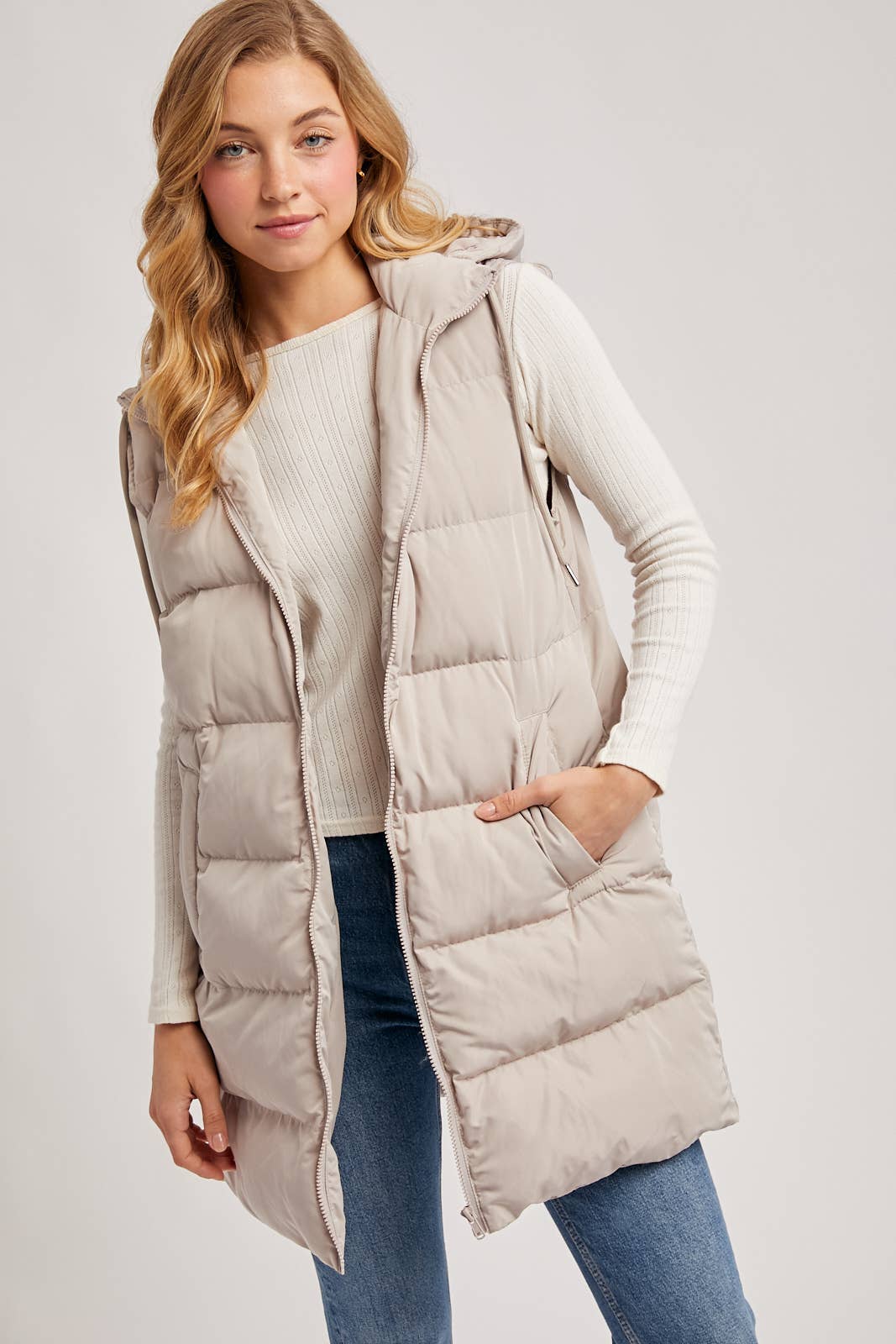 HOODED ZIPPER DOWN LONGLINE PUFFER VEST