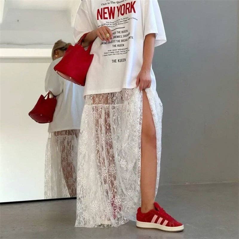 Elegant Lace Floral High-Waisted Midi Skirt (PRE🤍ORDER)