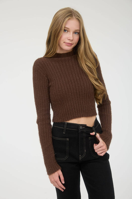 MOCK NECK FUZZY RIBBED KNIT CROPPED SWEATER
