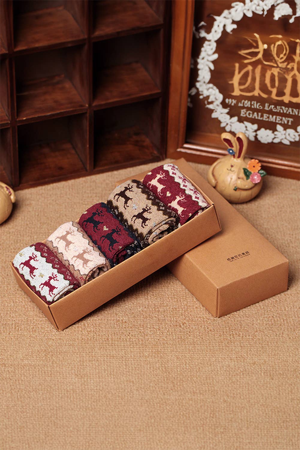 Reindeer Christmas Print Socks | 5 Pairs in A Box