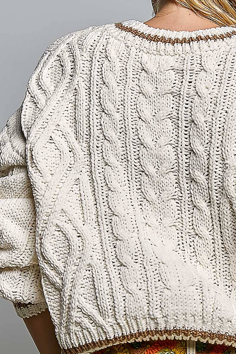Cable Knit Crewneck Contrast Trim Sweater Top (PRE🤍ORDER)