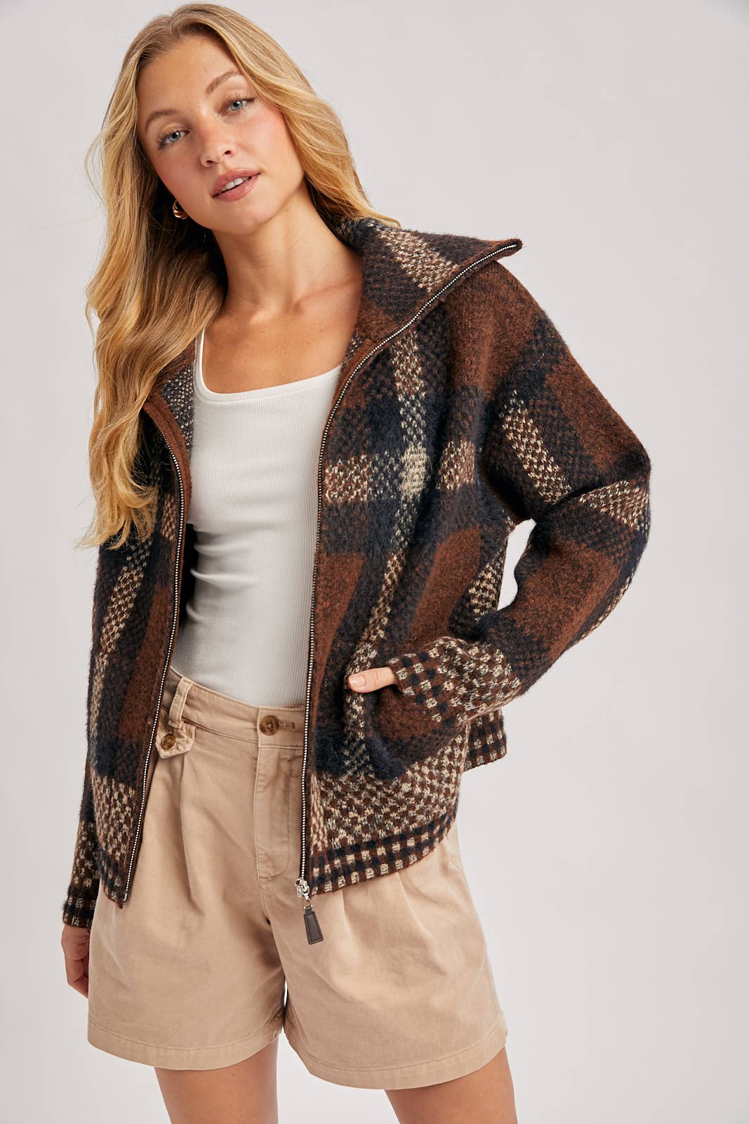 PLAID ZIPPER FRONT WIDE COLLAR FUZZY KNIT SWEATER JACKET