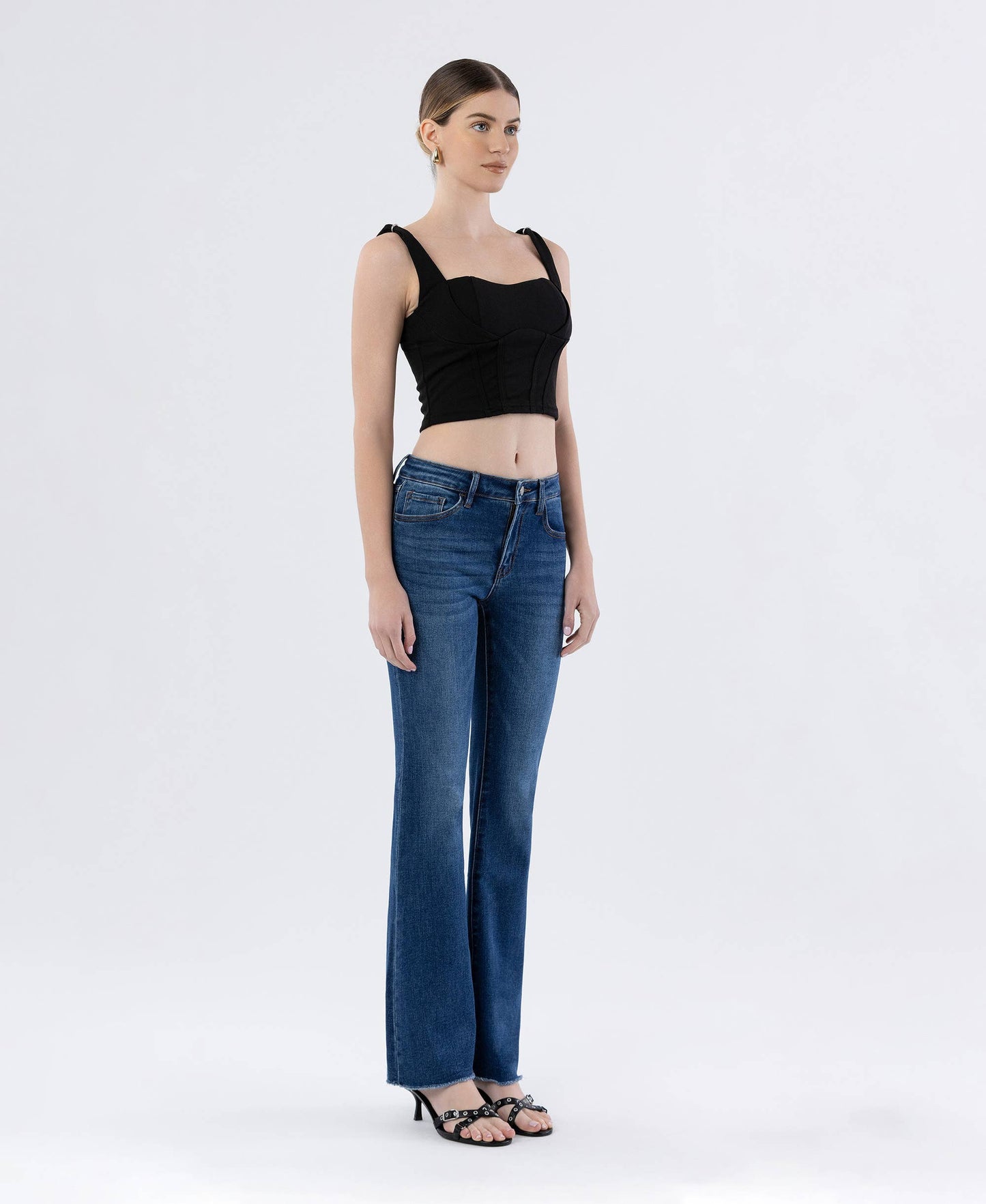 MID RISE RAW HEM DARK WASH BOOTCUT JEANS