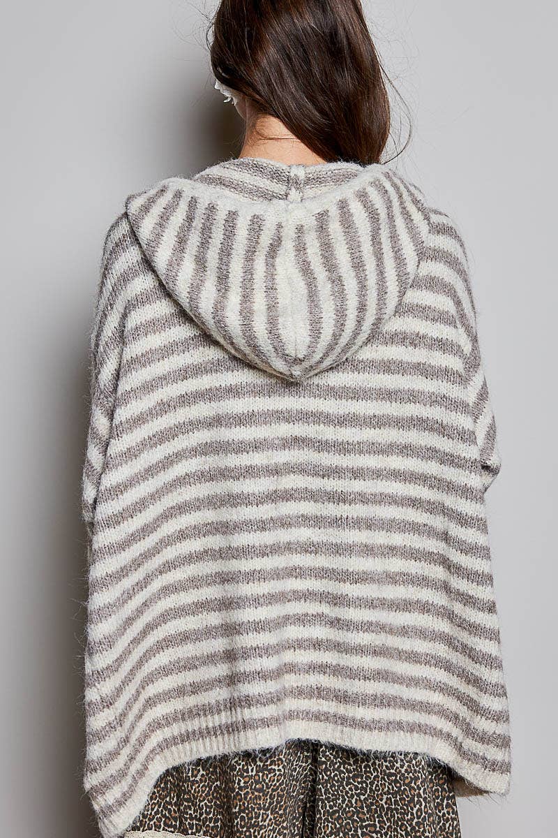 Striped Hooded Ribbed Knit Cardigan Drawstring (PRE🤍ORDER)