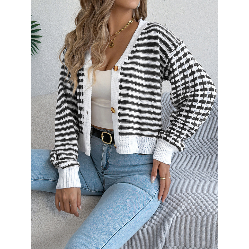Colorblock Striped Lantern Sleeve Sweater