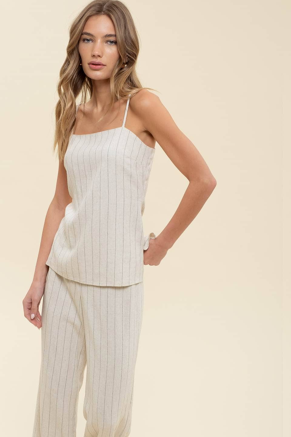 PINSTRIPE WIDE LEG LINEN DRESS PANTS