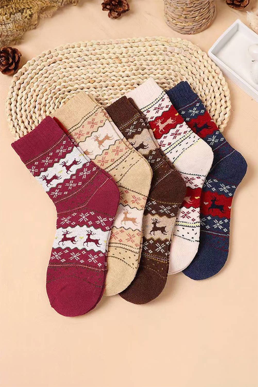 Reindeer Christmas Print Socks | 5 Pairs in A Box