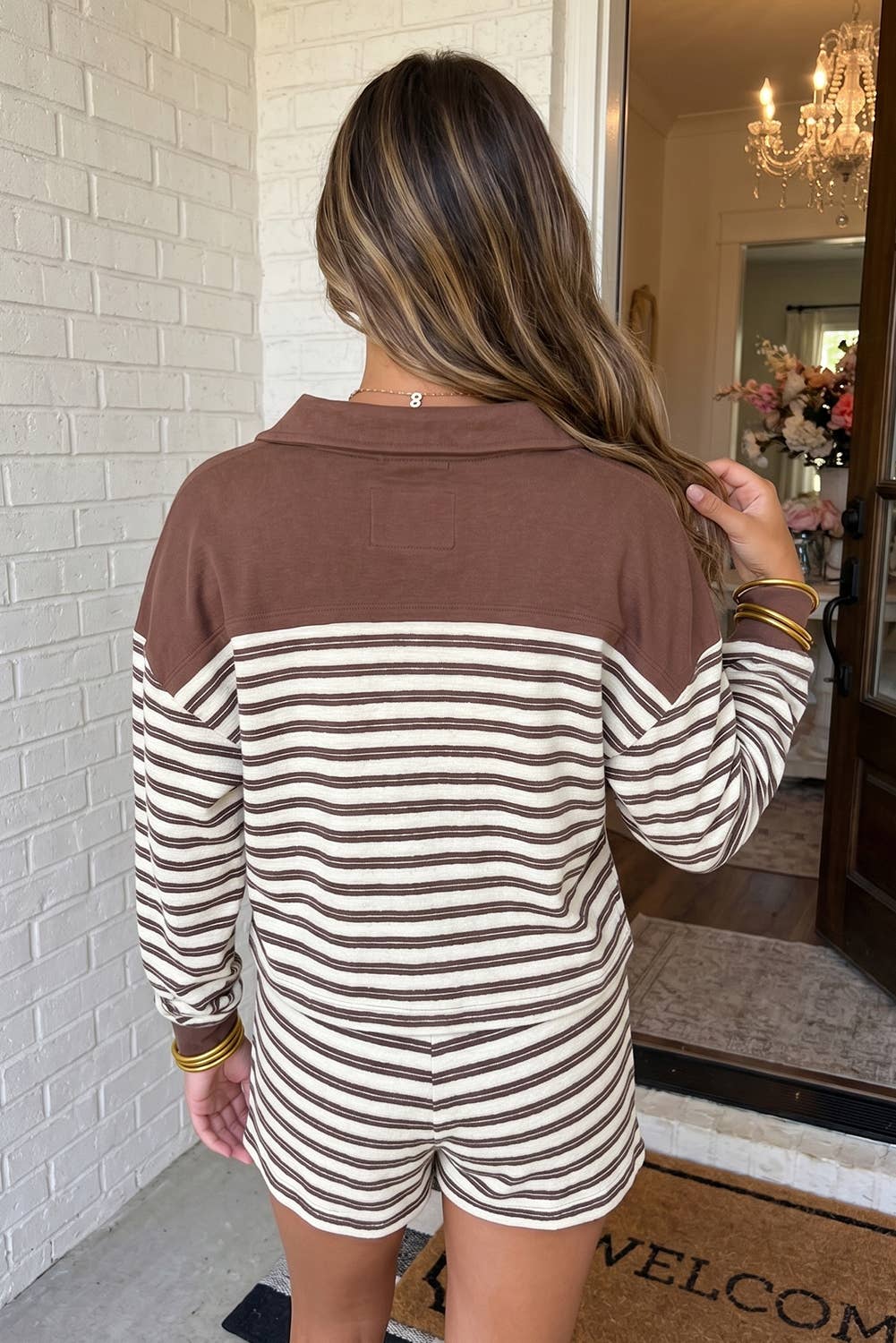 Striped Patchwork Button Shift Skort Lounge Set