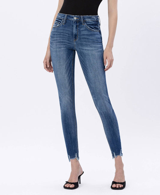 HIGH RISE DISTRESSED HEM SKINNY JEANS
