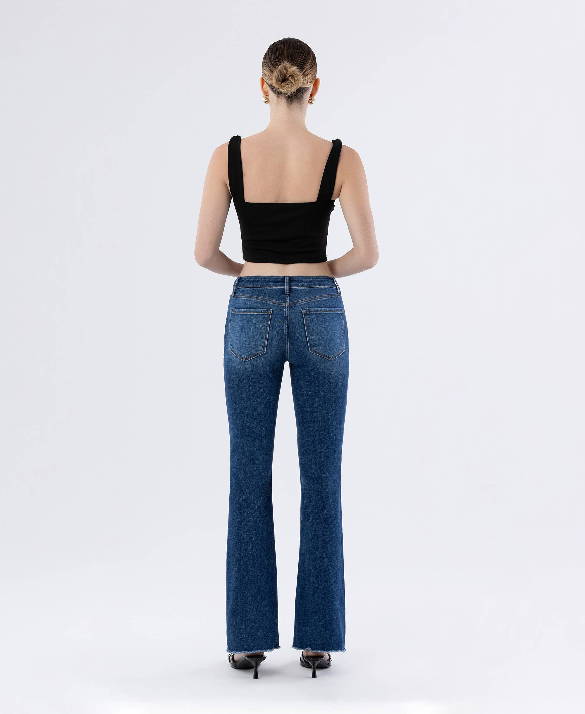 MID RISE RAW HEM DARK WASH BOOTCUT JEANS