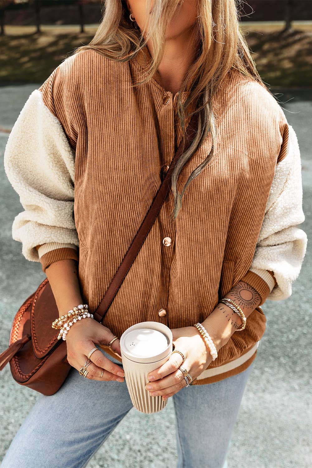 Corduroy Fleece Buttoned Bomber Jacket