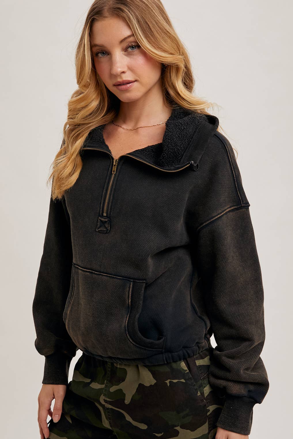 HALF ZIPPER FRONT HOODIE SWEATSHIRT WITH INNER FLEECE