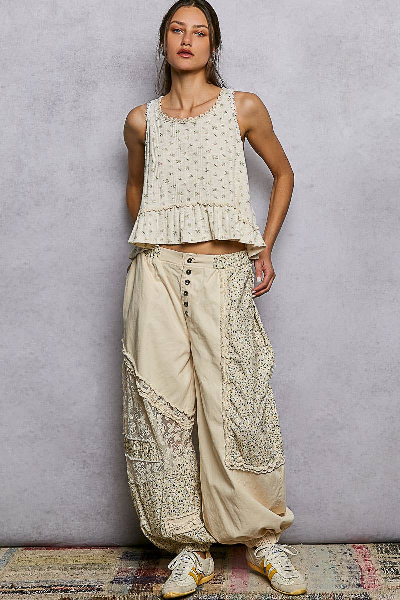 Button-Front Crochet Accent Ruffle Trim Jogger Pants (PRE🤍ORDER)