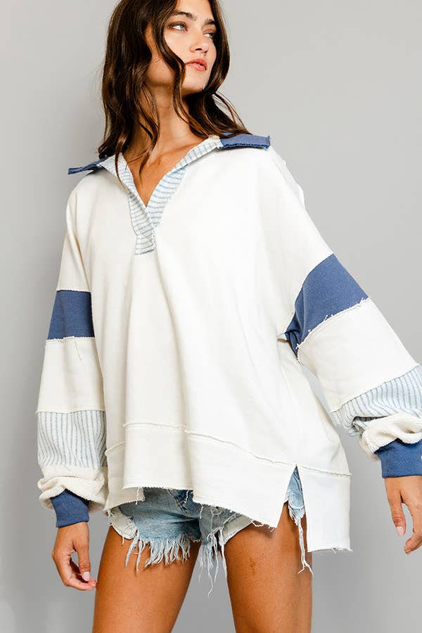 French Terry Knit Color-block Collared Loose Fit Top (PRE🤍ORDER)