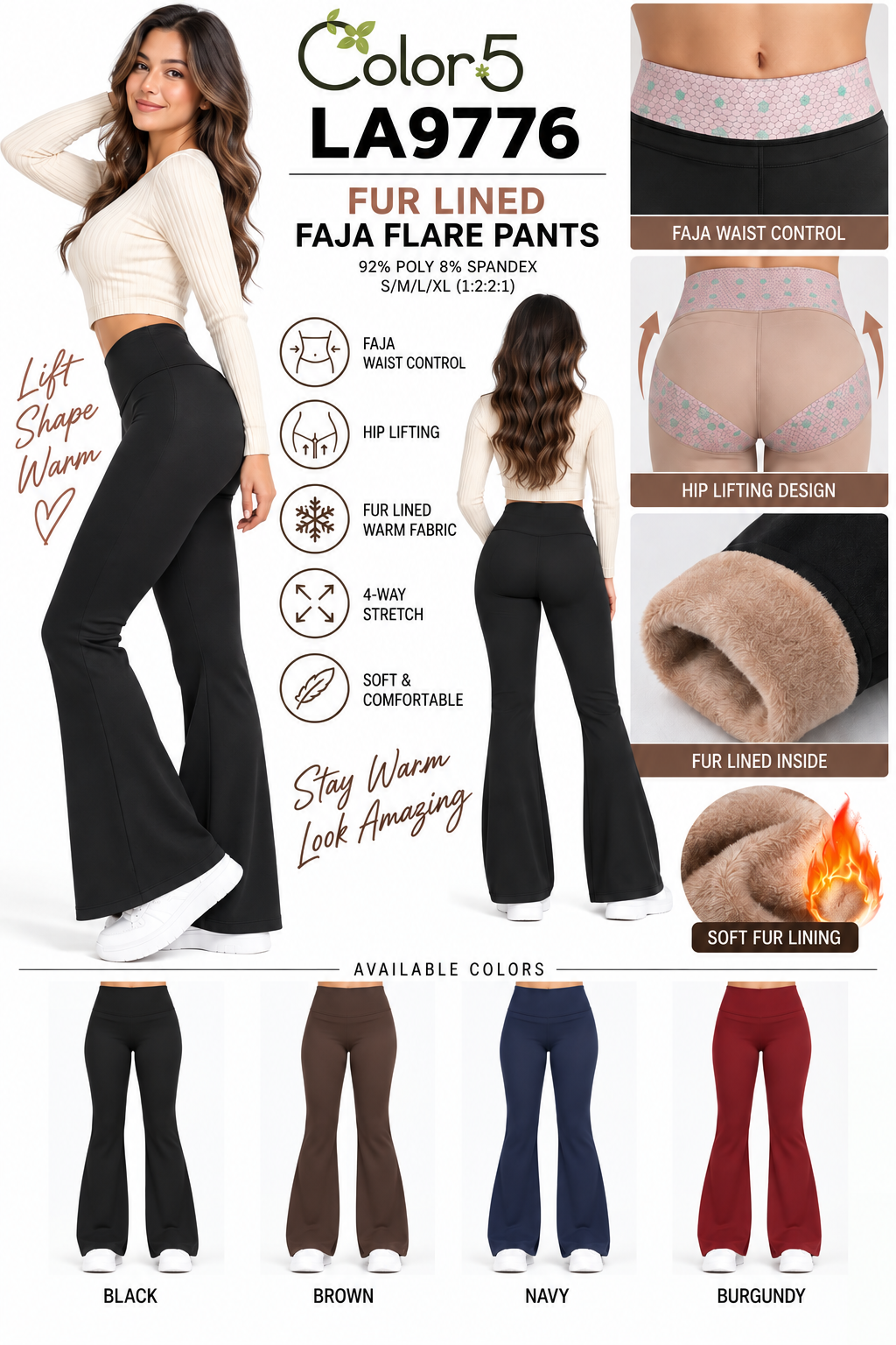Fur lined waist control butt lifting warm flare pants