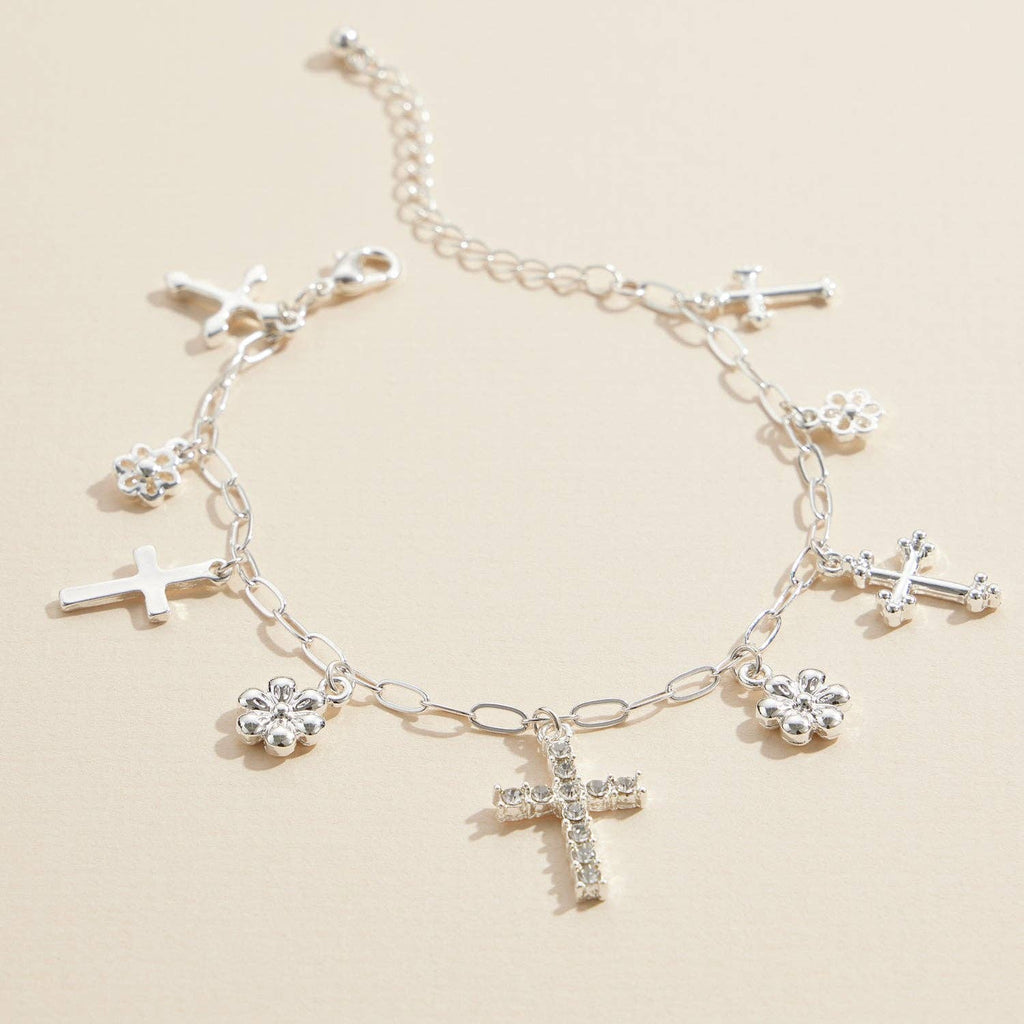 Silver Charm Bracelet with Cross & Floral Pendants