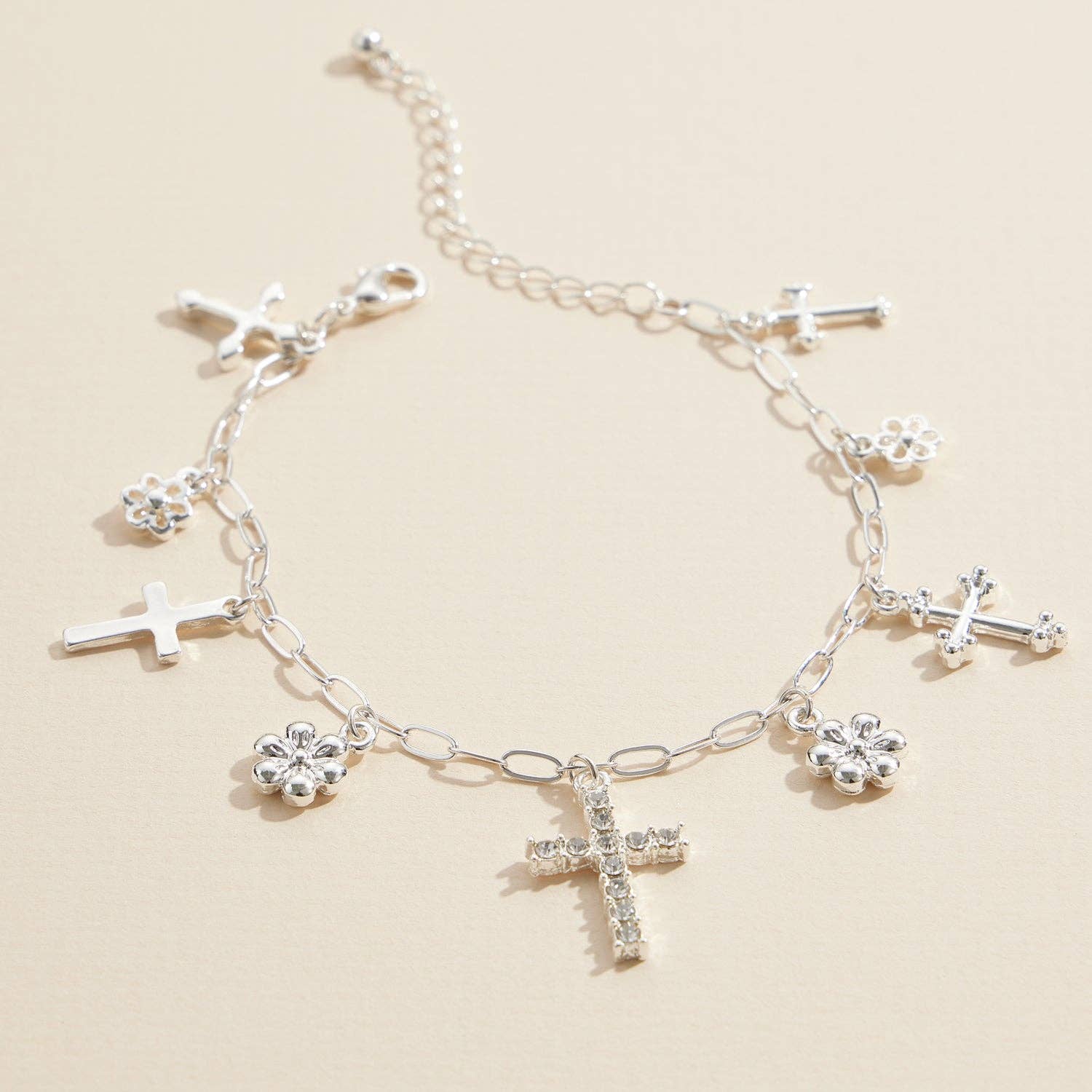 Silver Charm Bracelet with Cross & Floral Pendants