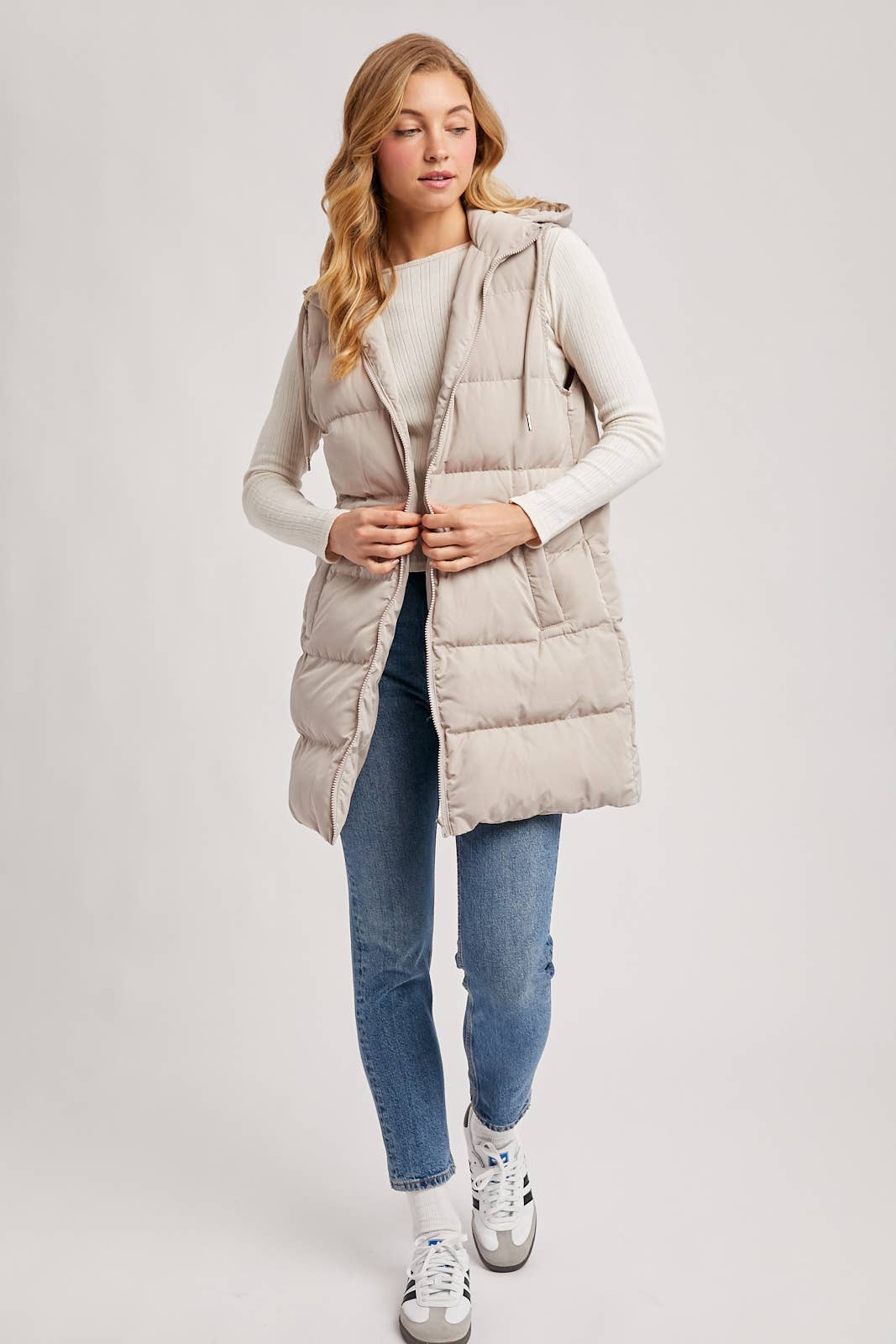 HOODED ZIPPER DOWN LONGLINE PUFFER VEST
