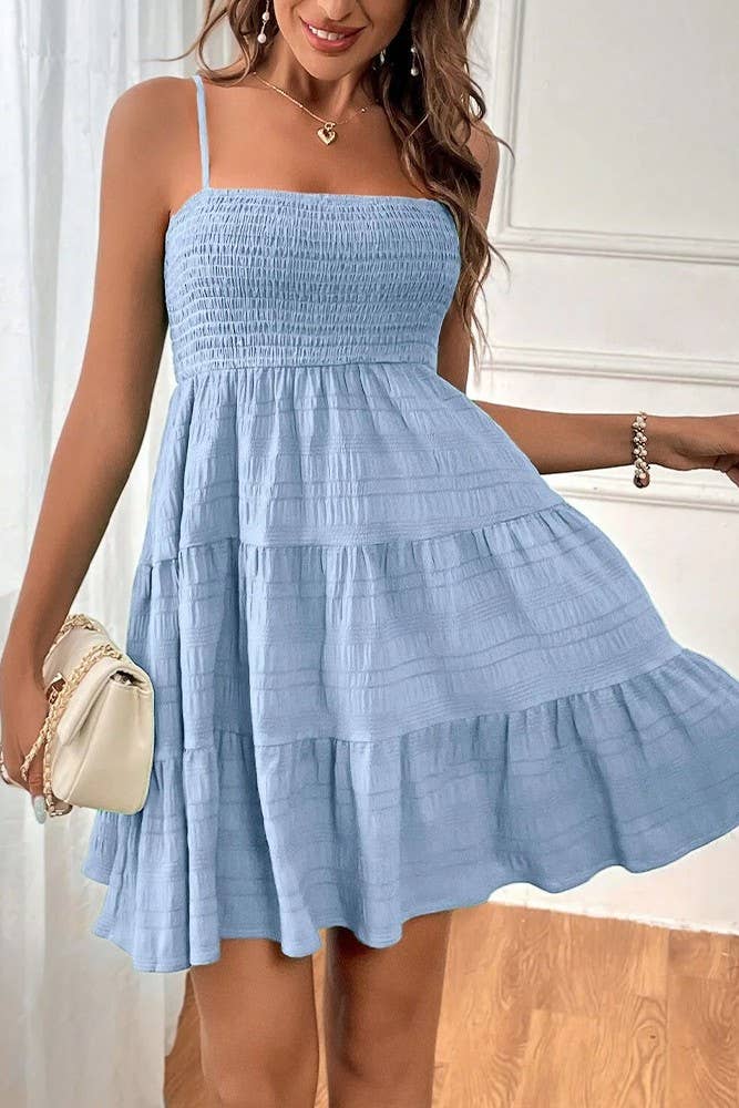 Spring Summer Plain Textured Smocked Cami Dress