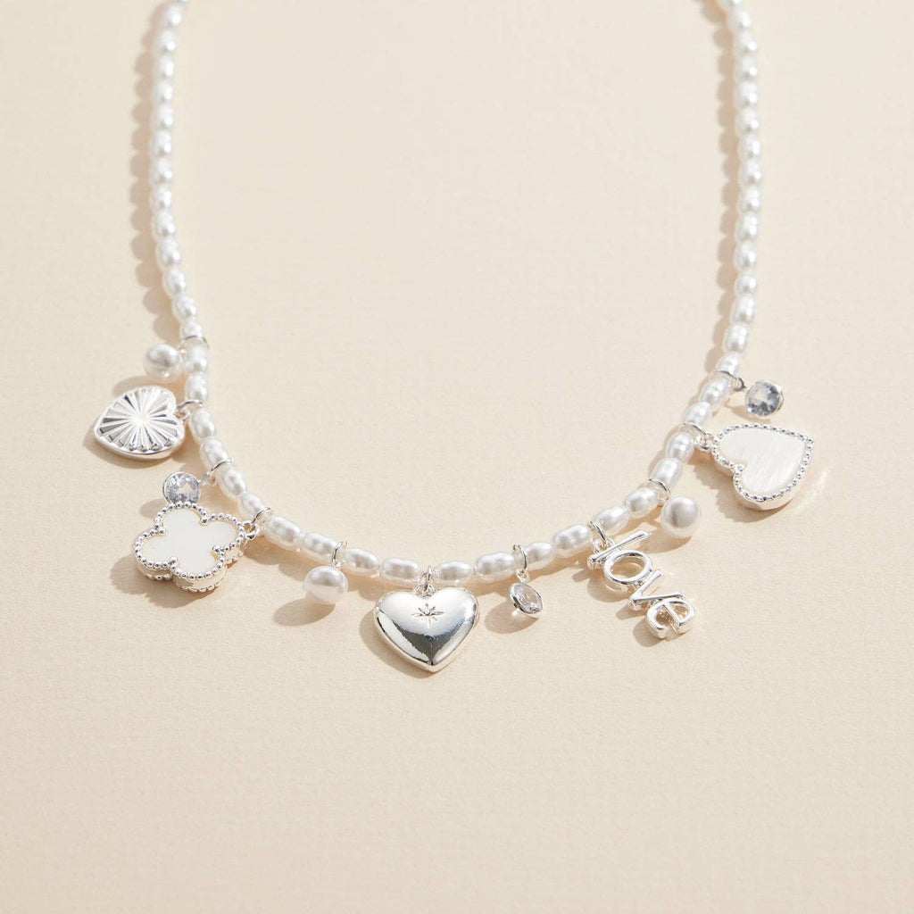 Pearl Charm Necklace with Gold & Silver Heart Pendant