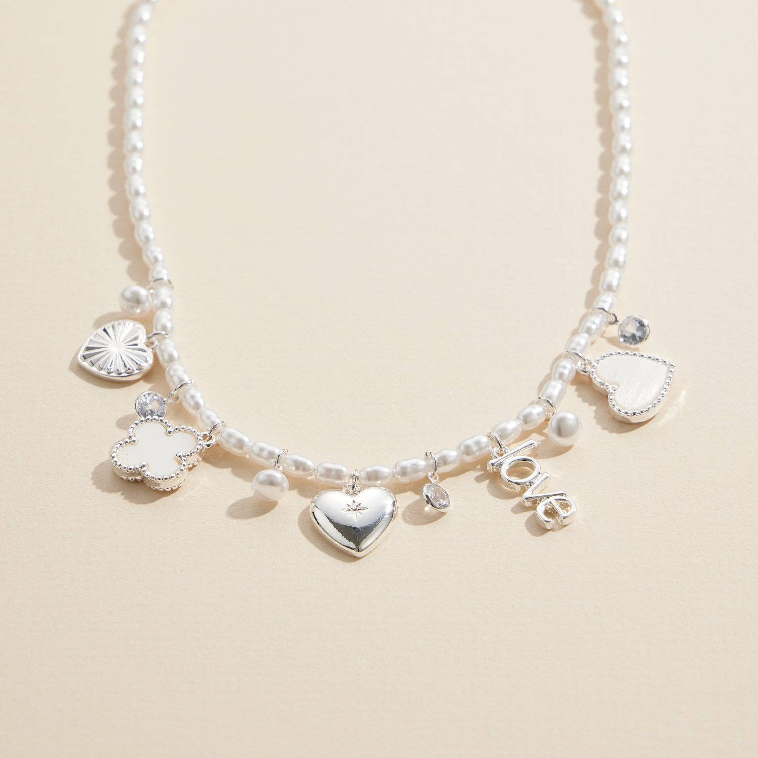 Pearl Charm Necklace with Gold & Silver Heart Pendant