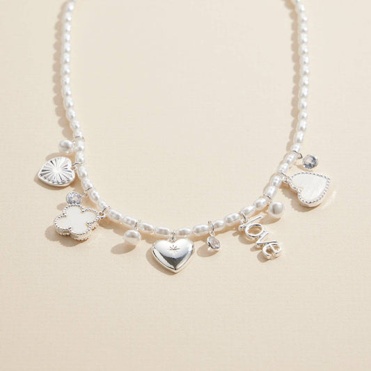 Pearl Charm Necklace with Gold & Silver Heart Pendant