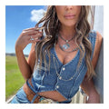 Sleeveless V-Neck Denim Vest In Solid Color