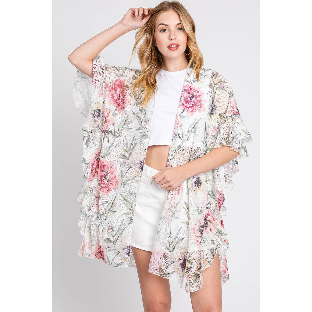 Ruffle Lined Rose Print Open Kimono