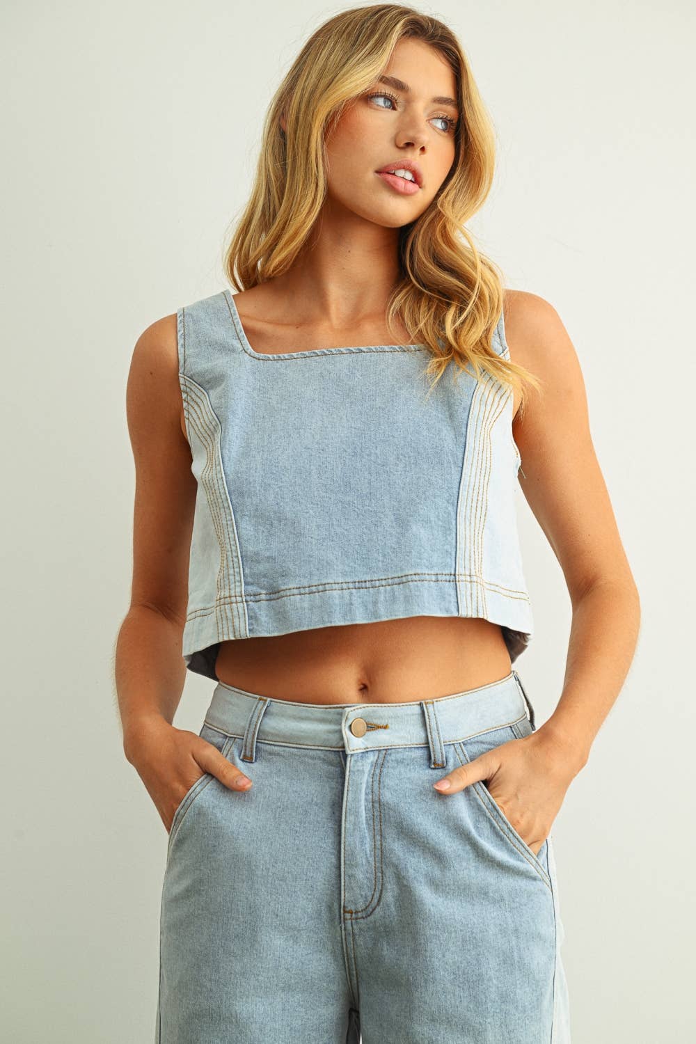DENIM COLOR BLOCKED WIDE STRAIGHT LEG PANTS (PRE🤍ORDER)