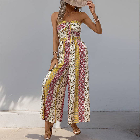 Ethnic print casual chaste wide leg jumpsuit