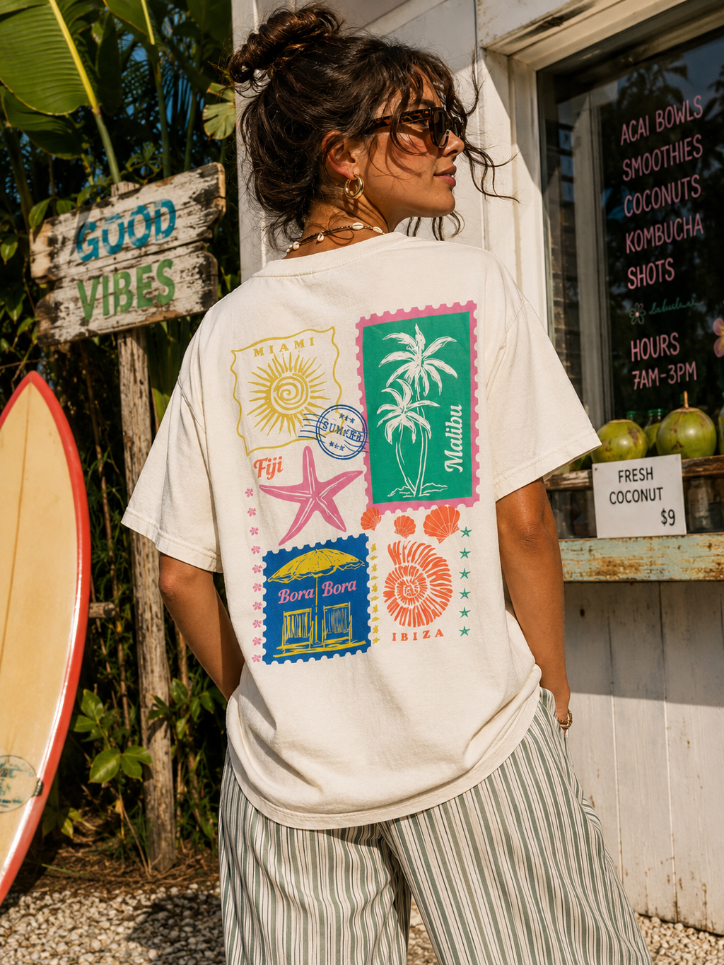 Tropical Stamps Front and Back Cream T-Shirt (PRE🤍ORDER)