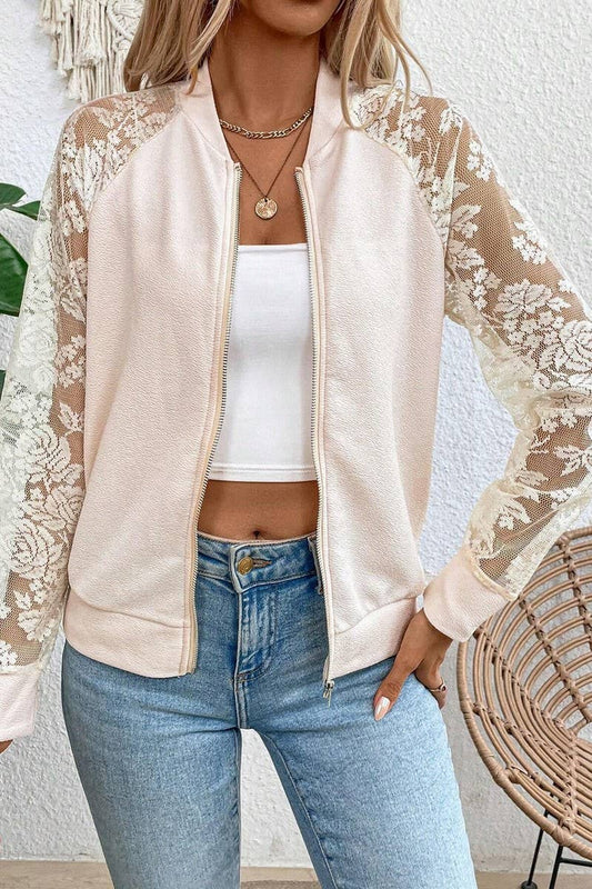 LACE PANEL LONG SLEEVE BASEBALL COLLAR JACKET TOP