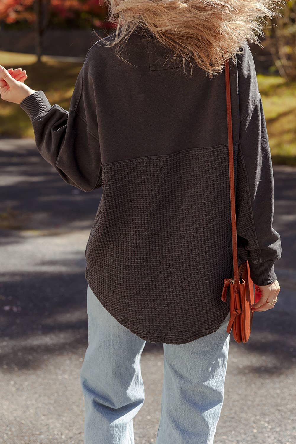 Waffle Knit Patchwork Half Zipped Casual Sweatshirt