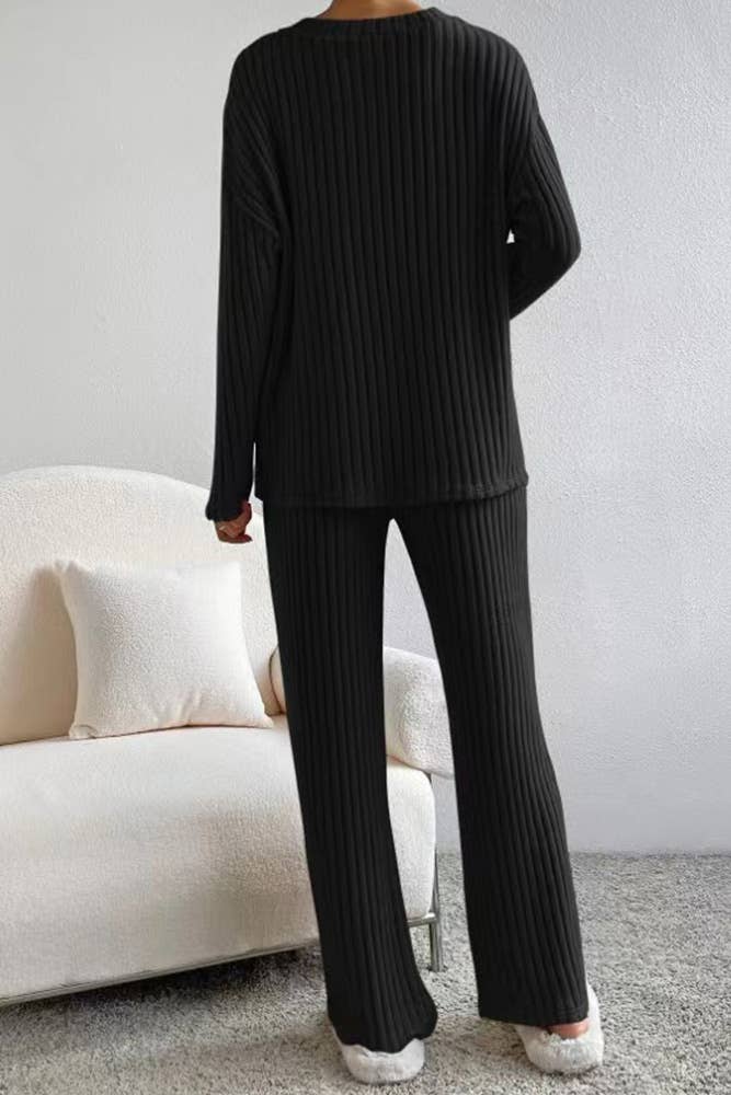 Solid Color 2pcs V Neck Rib Long Sleeves Top With Pants