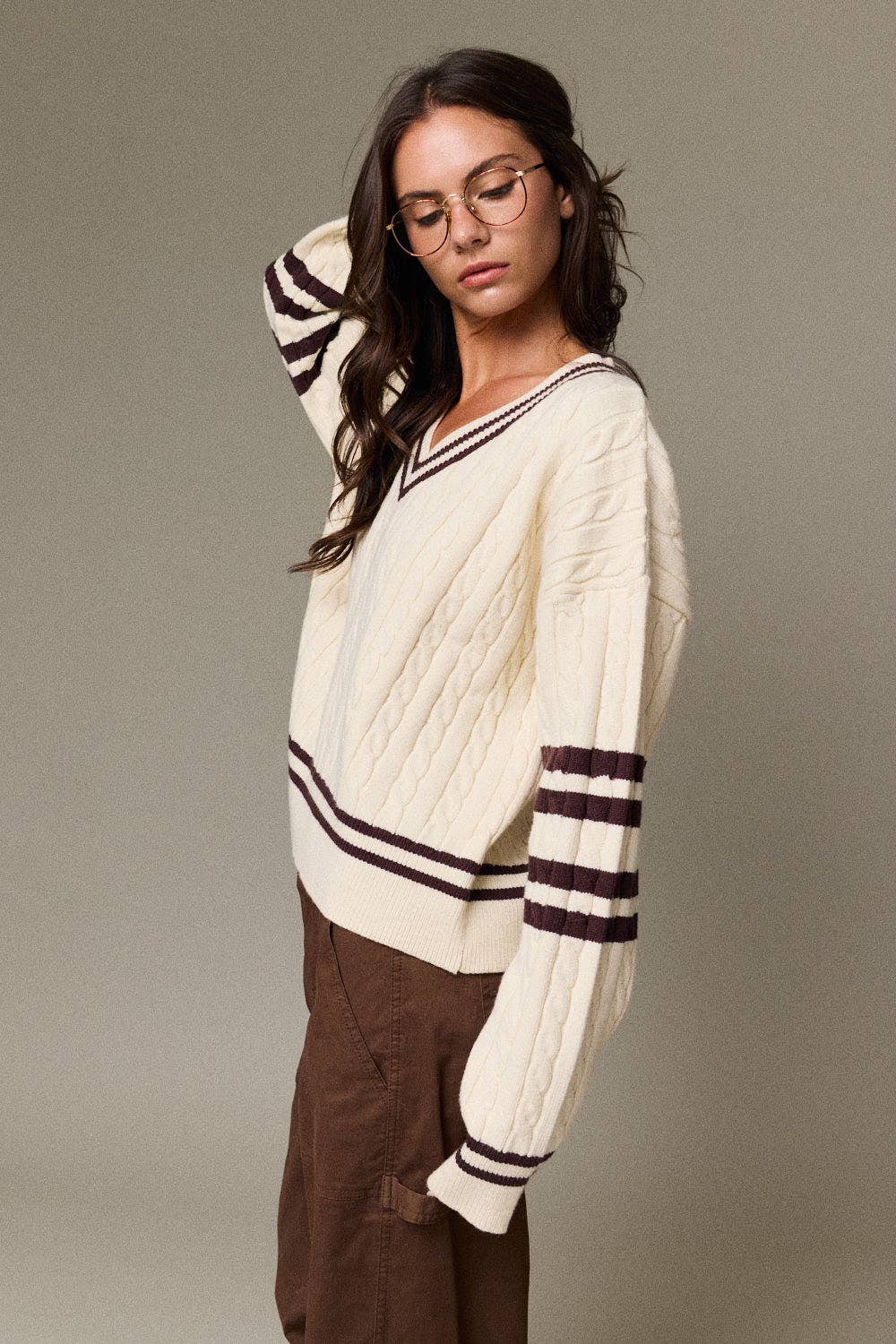 Cable Knit V-Neck Varsity Sweater (PRE🤍ORDER)