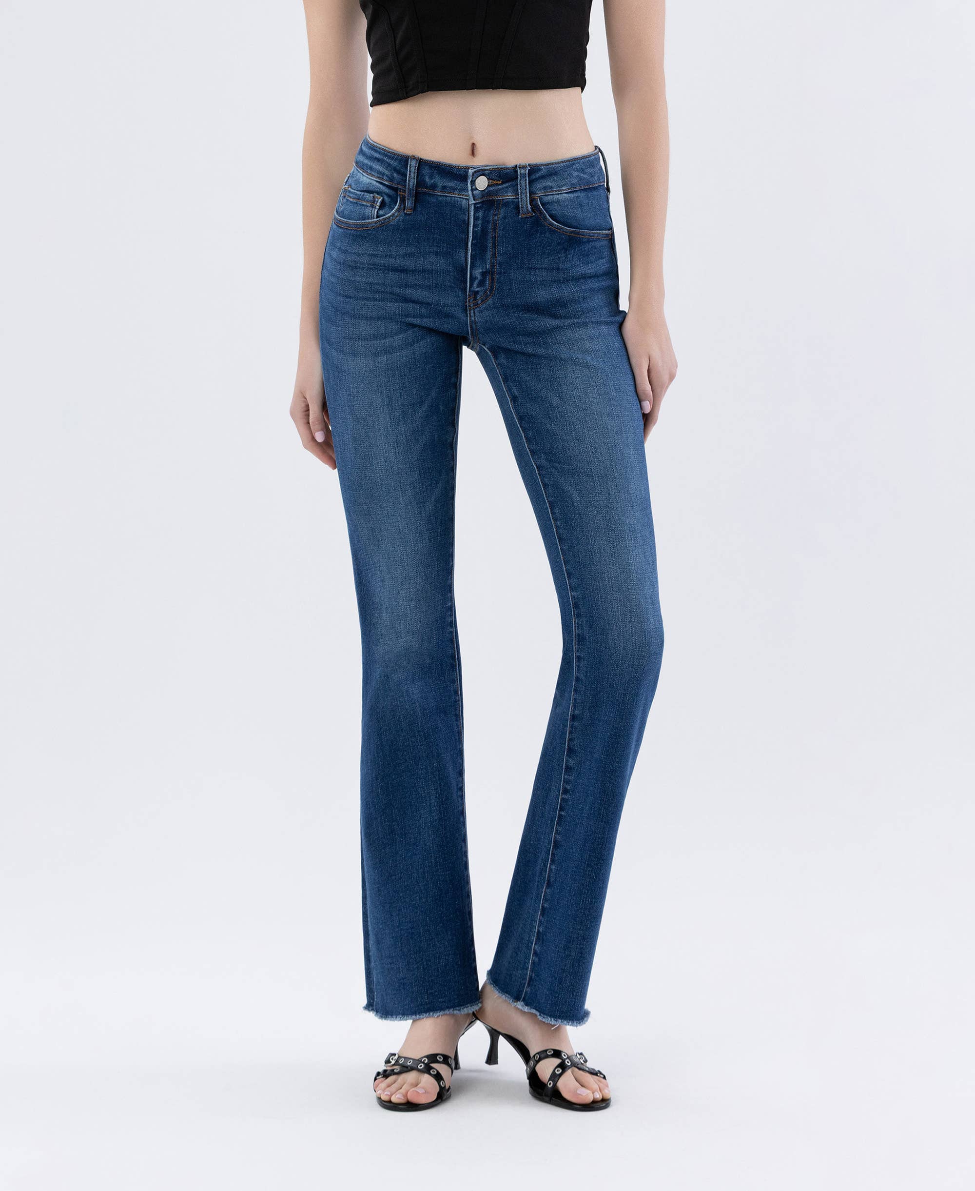 MID RISE RAW HEM DARK WASH BOOTCUT JEANS