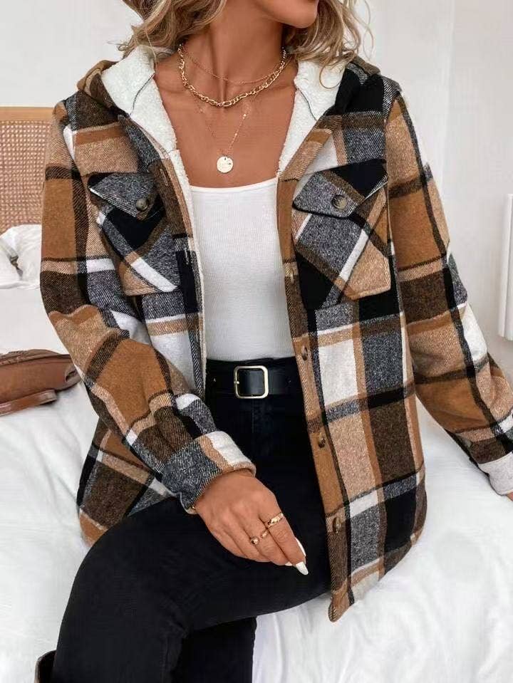 Plaid Fleece Casual Hooded Jacket