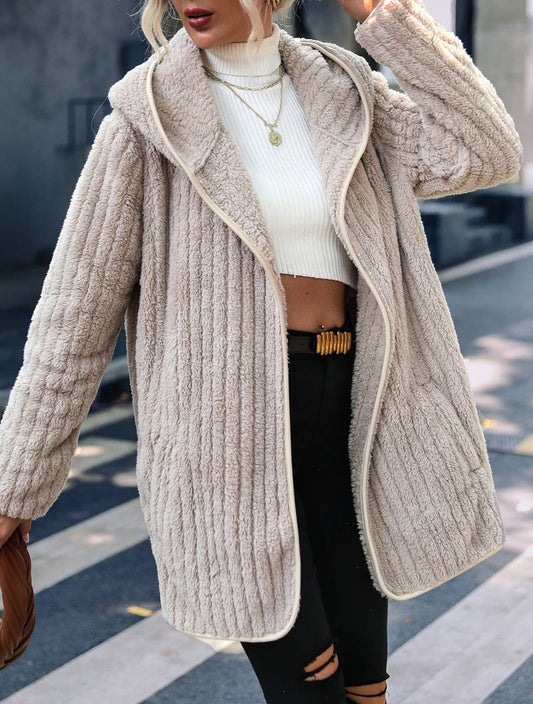 Hooded Loose Plush Buttonless Cardigan